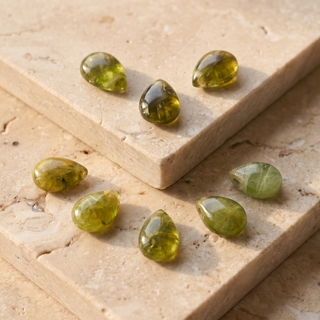 Nine peridot teardrops in olive and yellow green on travertine steps