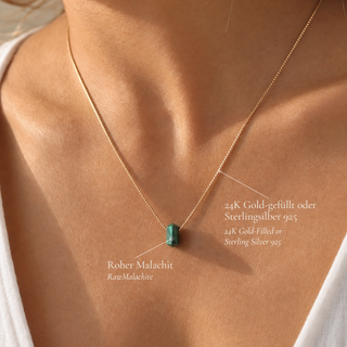Malachite necklace worn, with details on gold-filled and 925 sterling silver