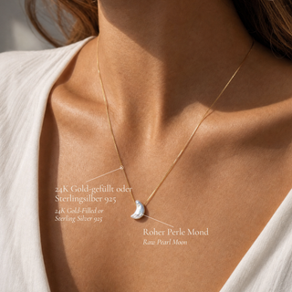 Getragene Mondperlen Kette mit Hinweis auf 14K Gold-Filled oder 925 Silber