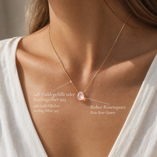 Getragene Rosenquarz Kette mit Hinweis auf Gold-Filled oder Sterlingsilber