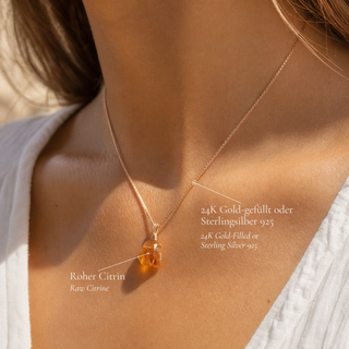 Citrine necklace worn, with details on gold-filled or 925 sterling silver