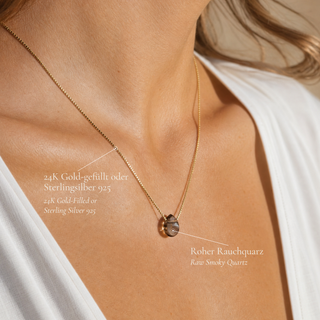 Smoky quartz necklace worn, labeled gold-filled or 925 sterling silver