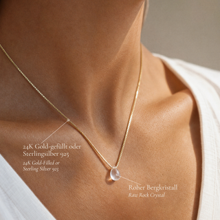 Rock crystal teardrop necklace worn, with details on gold-filled and silver