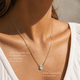 Getragene Aquamarin Kette mit Beschriftung Gold-Filled und Sterlingsilber