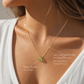 Peridot teardrop necklace worn, with details on 14K gold-filled and silver