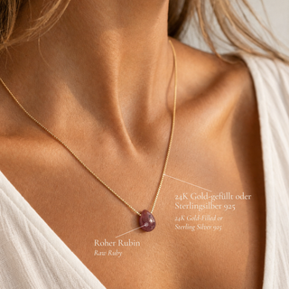 Ruby necklace worn, with details on 14K gold-filled or 925 sterling silver