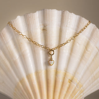 Opal heart charm on a fine cable chain on a scallop shell